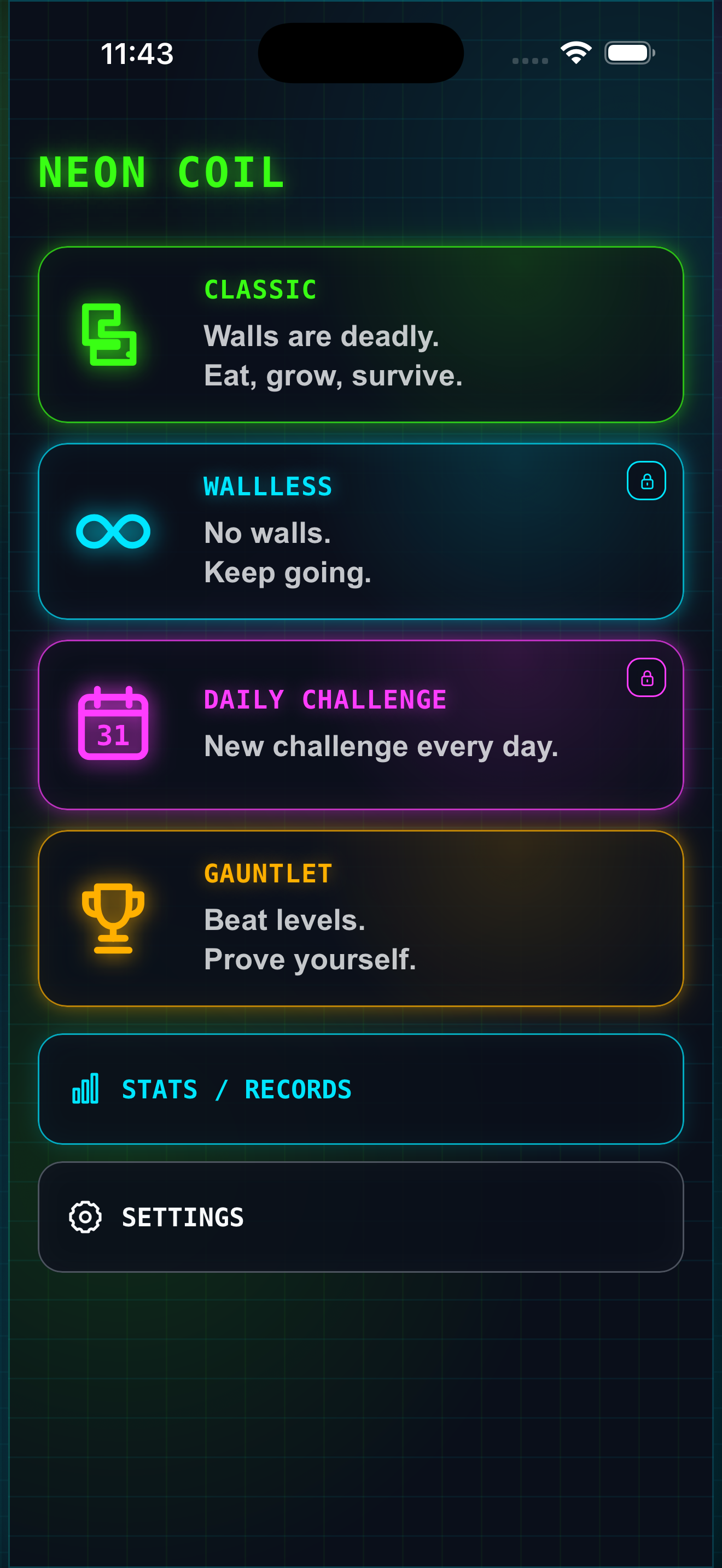 Neon Coil home screen showing Classic, Wallless, Daily Challenge, and Gauntlet modes